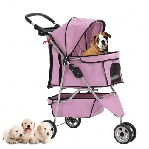 Pink Pet Stroller Folding Carrier