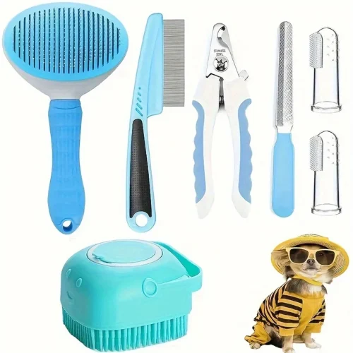 7 Pack Dog Grooming Set, Hair Removal Comb, Flea Comb, 
Shampoo Brush, Nail Clippers, Toothbrush