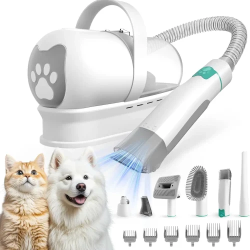 Pet Grooming Vacuum Kit with Clipper, Nail Grinder,
& 6 Tools for Dogs Cats Shedding Hair Removal